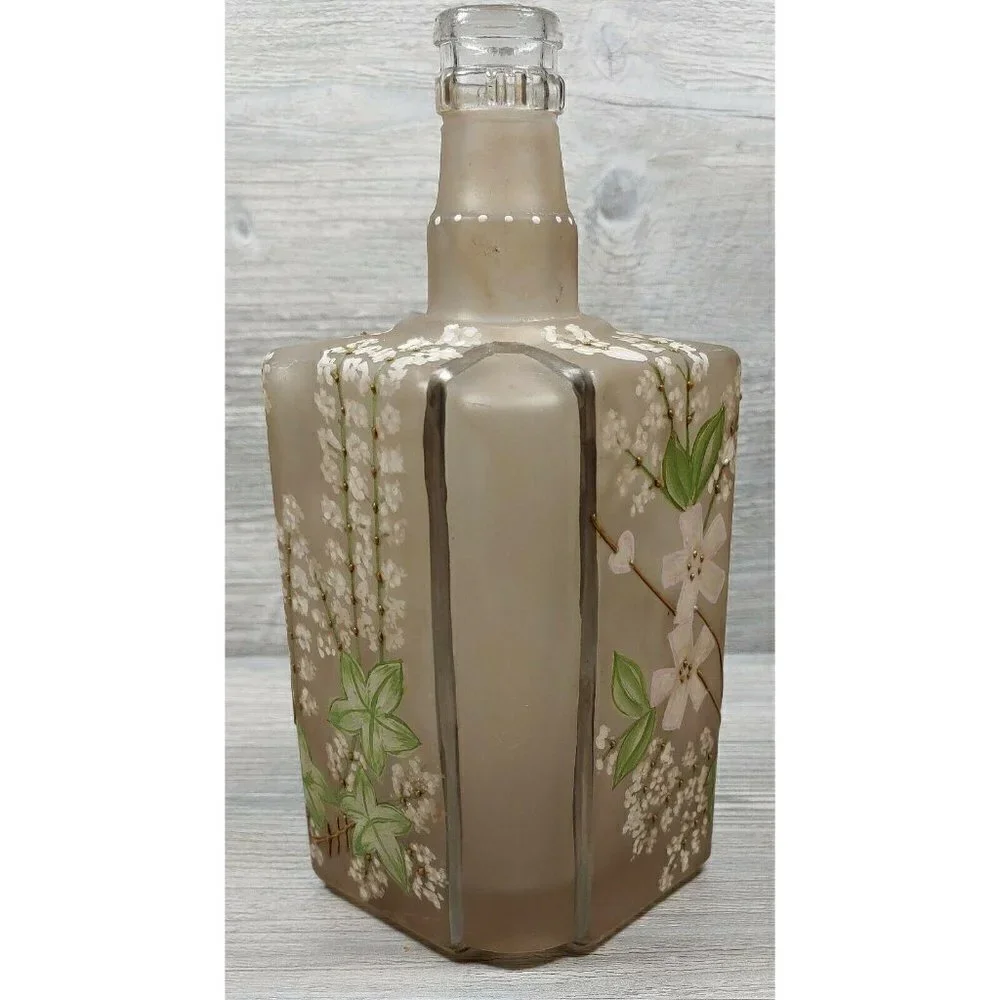 Japanese Glass Decanter Bottle Hand Painted Cherry Blossom Floral Design Vintage